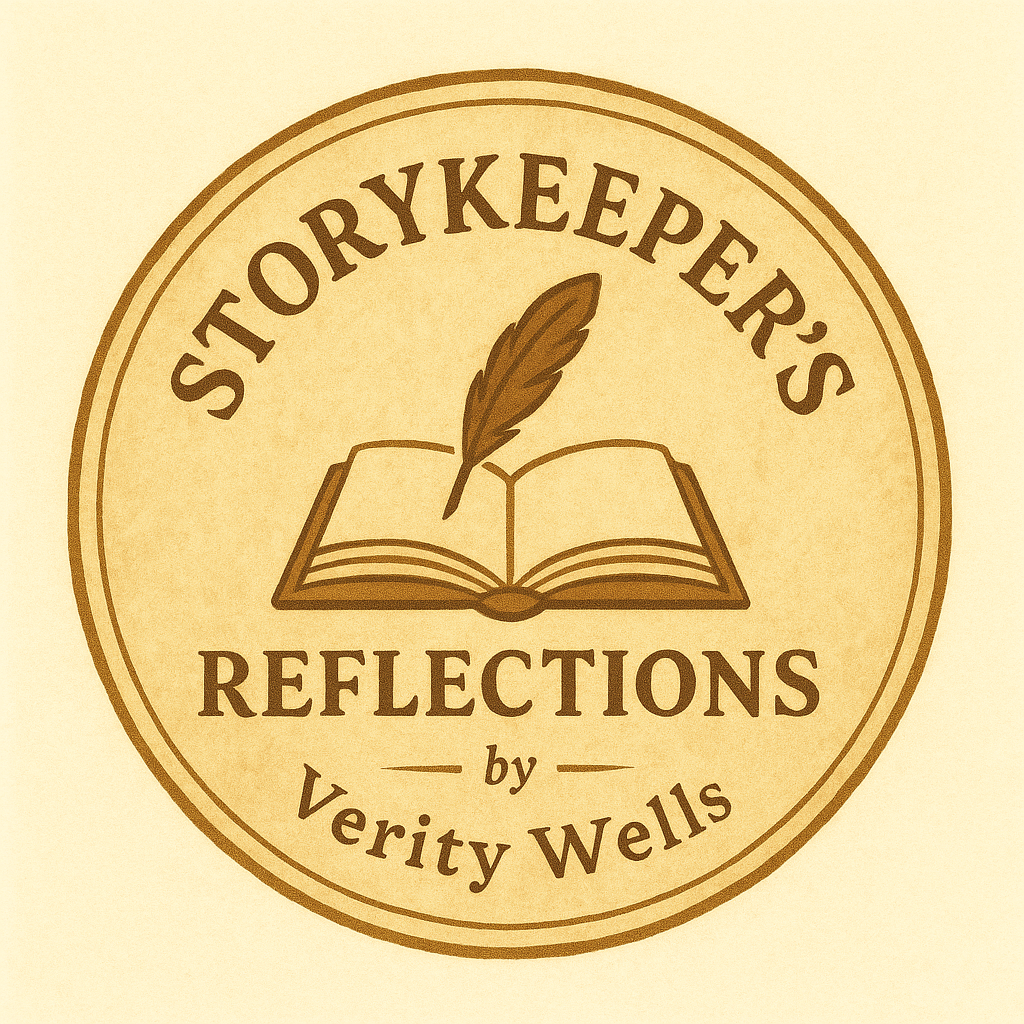 Circular vintage-style emblem with warm parchment tones. The center reads ‘Storykeeper’s Reflections’ in classic serif font, with the byline ‘by Verity Wells’ subtly beneath. Decorative borders and textured edges give it an aged storybook stamp feel.