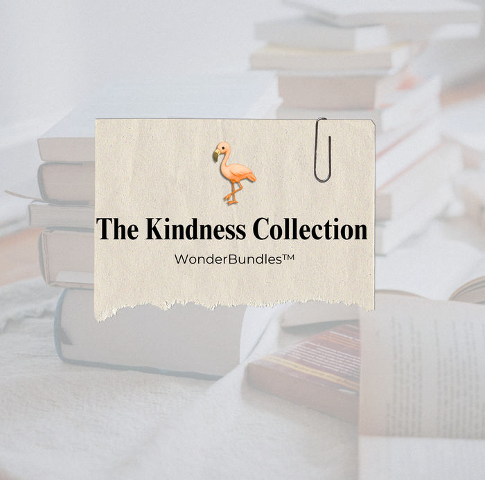 The Kindness Collection—WonderBundles™ title on a paper label with Pax the pink flamingo icon, over a softly blurred background of books.