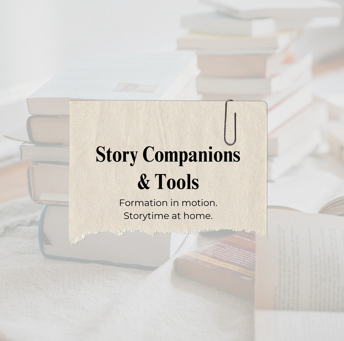 A soft-toned photo of stacked books with a card overlay that reads “Story Companions & Tools – Formation in motion. Storytime at home.