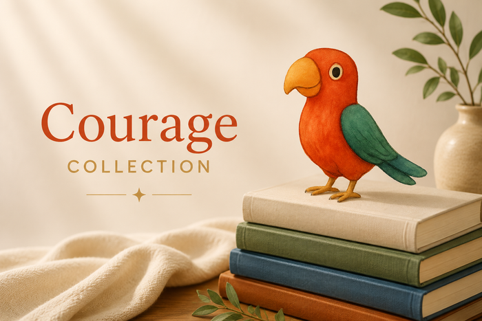 Courage Collection hero image with Theo, a bright red and green parrot, perched on a stack of books on a warm, softly lit surface. Minimal text shows the title ‘Courage Collection.’
