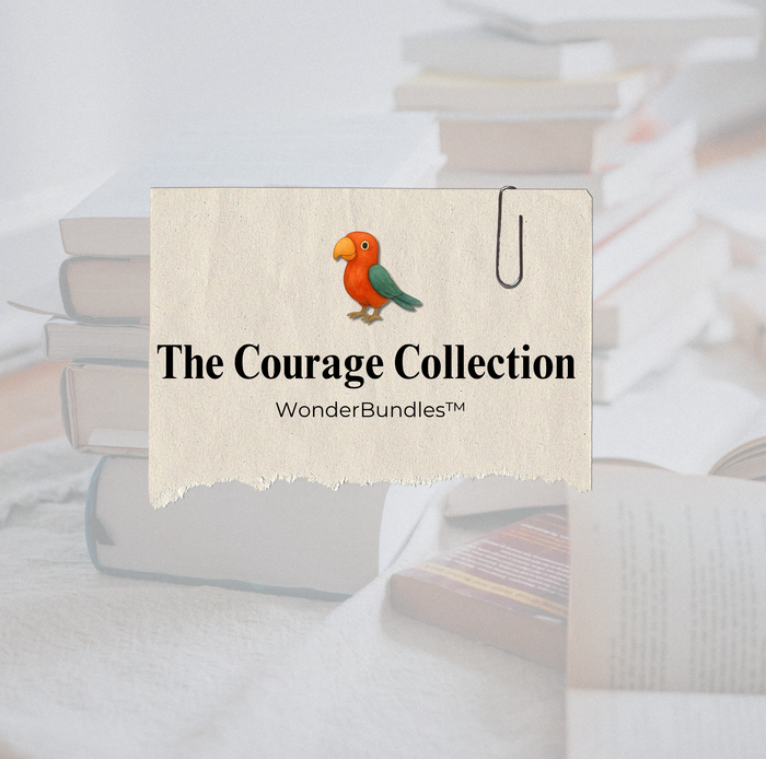 The Courage Collection—WonderBundles™ title on a paper label with Theo the red parrot icon, over a softly blurred stack of books.