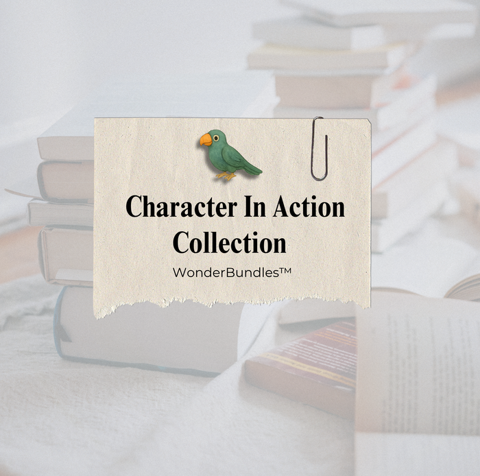Character in Action Collection—WonderBundles™ title on a paper label with Leo the teal parrot icon, over a blurred background of books.