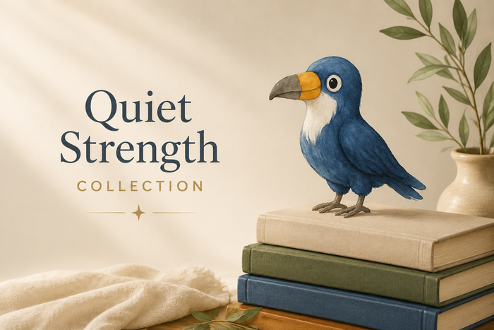 Quiet Strength Collection hero image featuring Pax, a blue toucan, standing on a warm, softly lit surface next to a small stack of books. Minimal text shows the title ‘Quiet Strength Collection.’