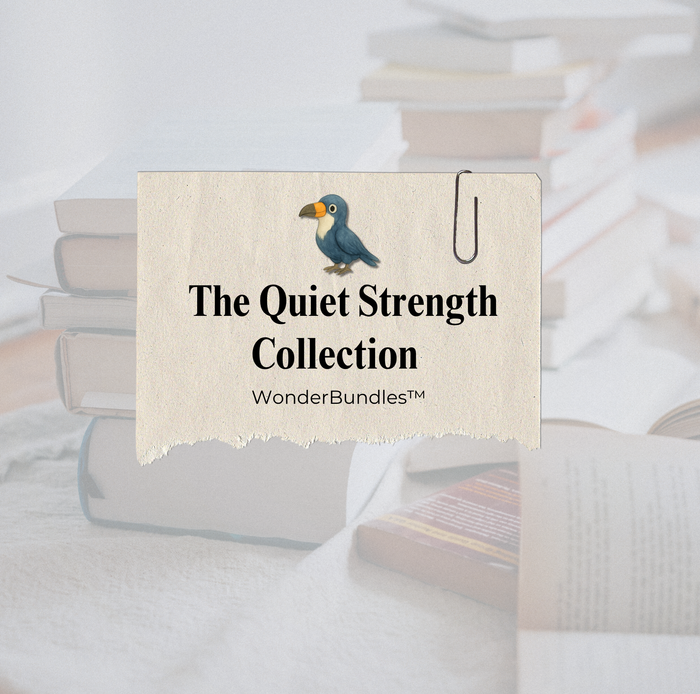 The Quiet Strength Collection—WonderBundles™ title on a paper label with Sol the seagull icon, over a blurred background of stacked books.