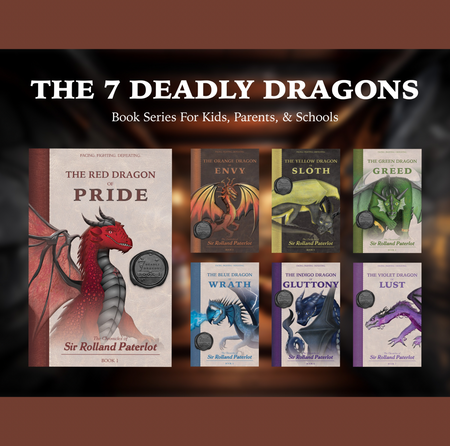 Cover image of the Seven Deadly Dragons Catholic book series, featuring seven illustrated dragons representing the vices of pride, envy, sloth, greed, wrath, gluttony, and lust.