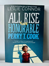 Book cover of All Rise for the Honorable Perry T. Cook by Leslie Connor, featuring a boy standing in a beam of light on a white background. A middle-grade novel about justice, truth, and moral courage.