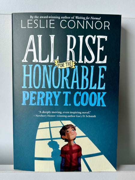 Book cover of All Rise for the Honorable Perry T. Cook by Leslie Connor, featuring a boy standing in a beam of light on a white background. A middle-grade novel about justice, truth, and moral courage.