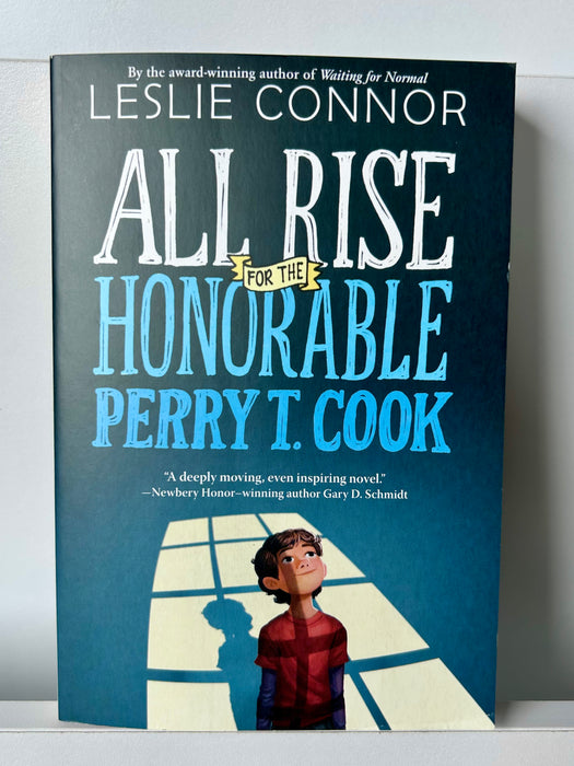 Book cover of All Rise for the Honorable Perry T. Cook by Leslie Connor, featuring a boy standing in a beam of light on a white background. A middle-grade novel about justice, truth, and moral courage.