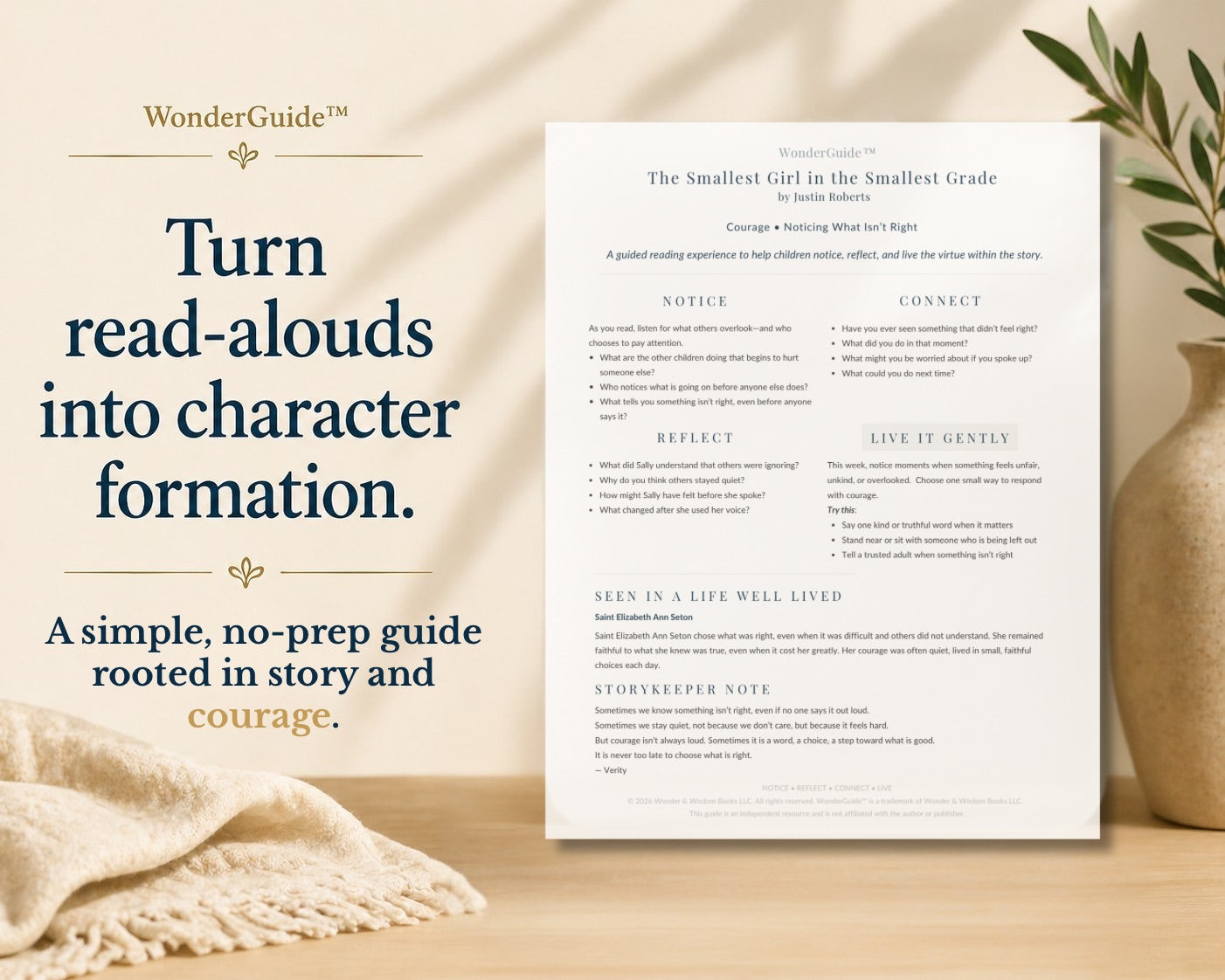 Turn read-alouds into character formation with WonderGuide™ printable story companions designed to cultivate courage, reflection, and meaningful family conversation through literature.