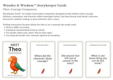 Front of Theo Courage Companion Storykeeper Cards printable sheet showing four cards with prompts to notice courage, each with a small red feather icon on a white background.