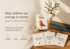 Theo Courage Companion Storykeeper Cards arranged on a wooden table with soft natural lighting, showing front and back prompts for noticing courage, alongside neutral books and a small plant.