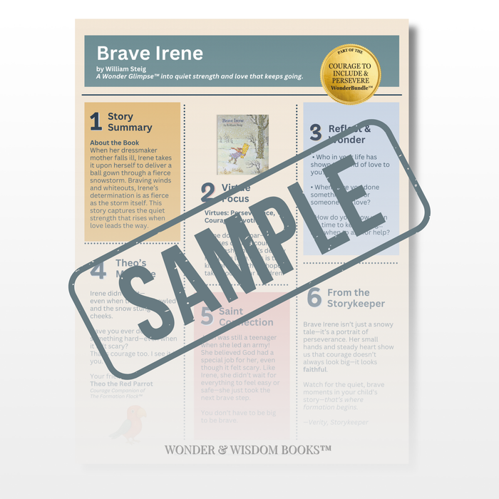 Preview of Brave Irene Wonder Glimpse™ — a one-page story guide featuring character-building reflections and virtues from Wonder & Wisdom Books™