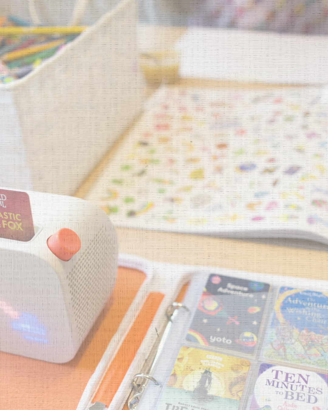 Yoto audio player with children’s story cards used in our home to encourage imagination, listening stamina, literacy, and meaningful story rhythms.