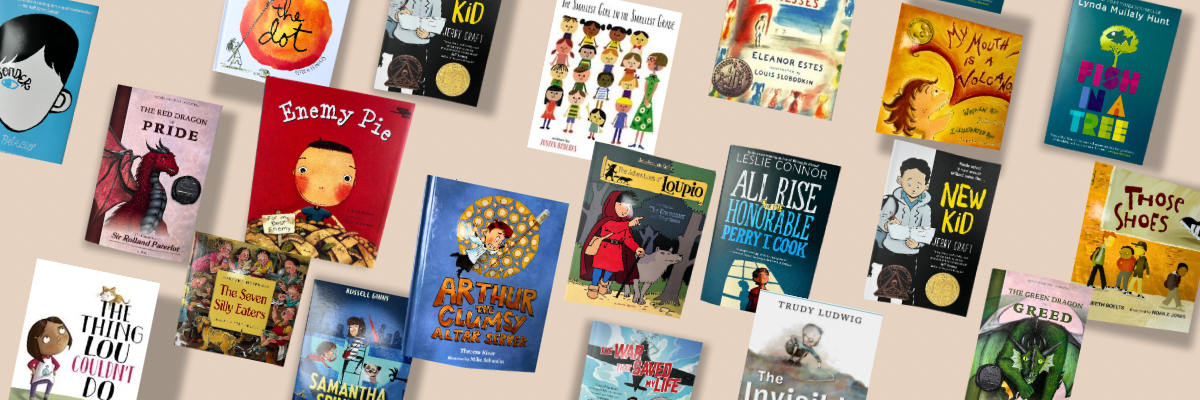 Book covers of character-building stories curated by Wonder & Wisdom™—including titles like Enemy Pie, The Invisible Boy, and New Kid.